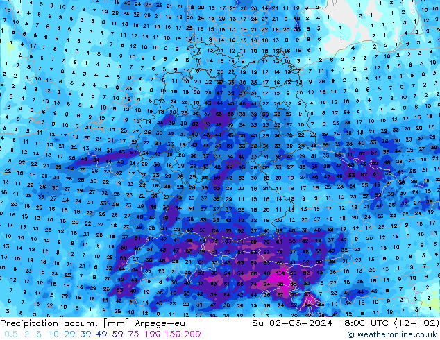 Précipitation accum. Arpege-eu dim 02.06.2024 18 UTC