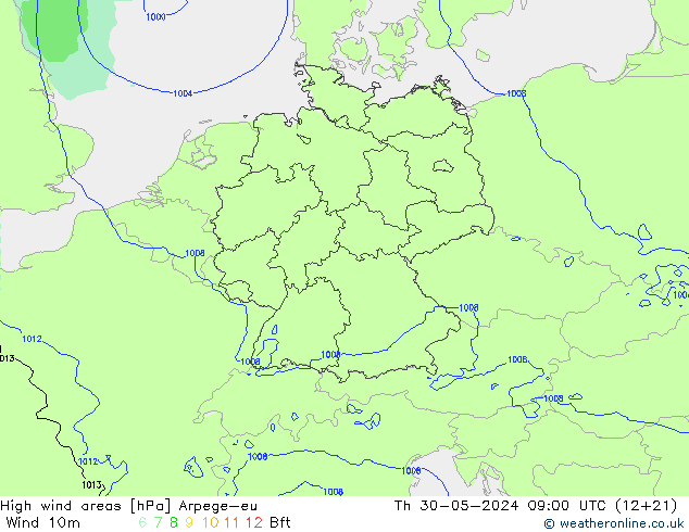 High wind areas Arpege-eu Čt 30.05.2024 09 UTC