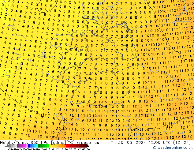 Hoogte/Temp. 850 hPa Arpege-eu do 30.05.2024 12 UTC