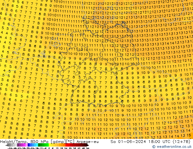 Hoogte/Temp. 850 hPa Arpege-eu za 01.06.2024 18 UTC