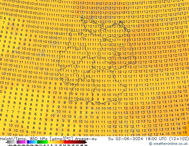 Hoogte/Temp. 850 hPa Arpege-eu zo 02.06.2024 18 UTC