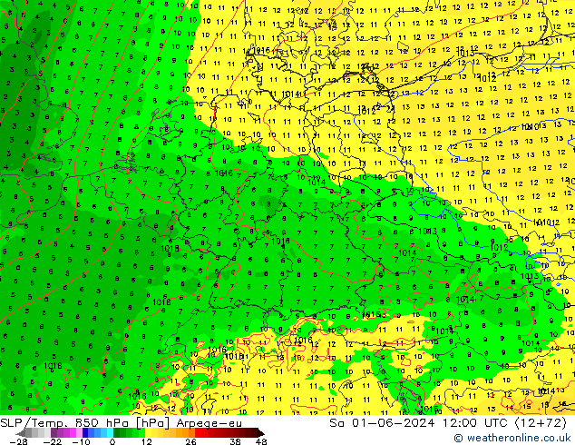 SLP/Temp. 850 hPa Arpege-eu sáb 01.06.2024 12 UTC