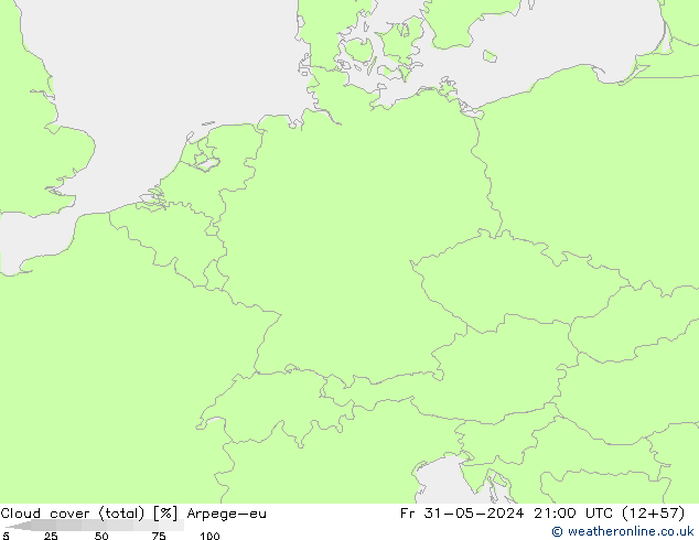 Cloud cover (total) Arpege-eu Pá 31.05.2024 21 UTC