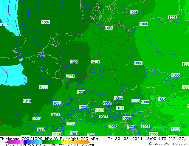 Thck 700-1000 hPa Arpege-eu Th 30.05.2024 15 UTC