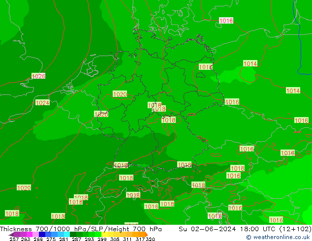 Thck 700-1000 hPa Arpege-eu Ne 02.06.2024 18 UTC