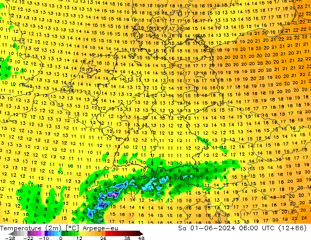 mapa temperatury (2m) Arpege-eu so. 01.06.2024 06 UTC