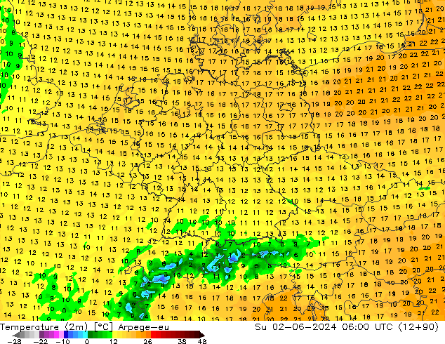 mapa temperatury (2m) Arpege-eu nie. 02.06.2024 06 UTC