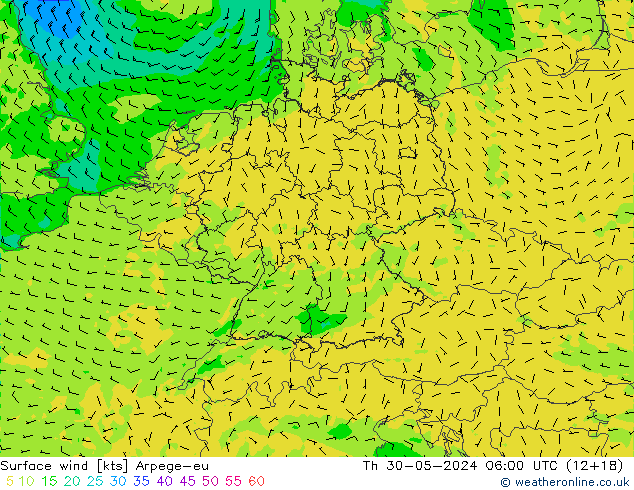 wiatr 10 m Arpege-eu czw. 30.05.2024 06 UTC