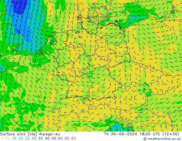 Surface wind Arpege-eu Th 30.05.2024 18 UTC