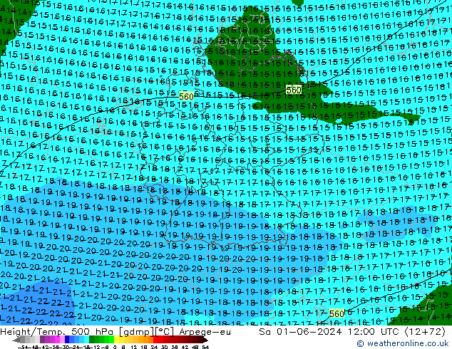 Height/Temp. 500 hPa Arpege-eu  01.06.2024 12 UTC