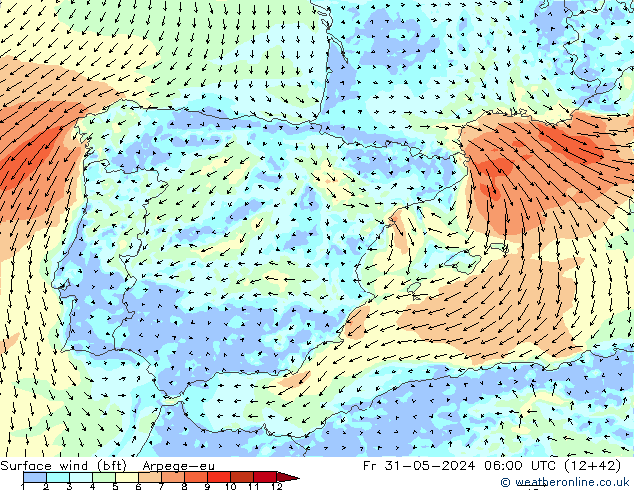 Surface wind (bft) Arpege-eu Pá 31.05.2024 06 UTC