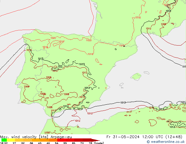 Max. wind velocity Arpege-eu Pá 31.05.2024 12 UTC