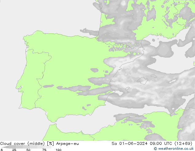 Cloud cover (middle) Arpege-eu Sa 01.06.2024 09 UTC