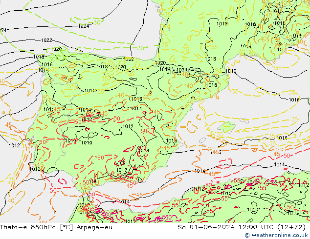 Theta-e 850hPa Arpege-eu Sa 01.06.2024 12 UTC