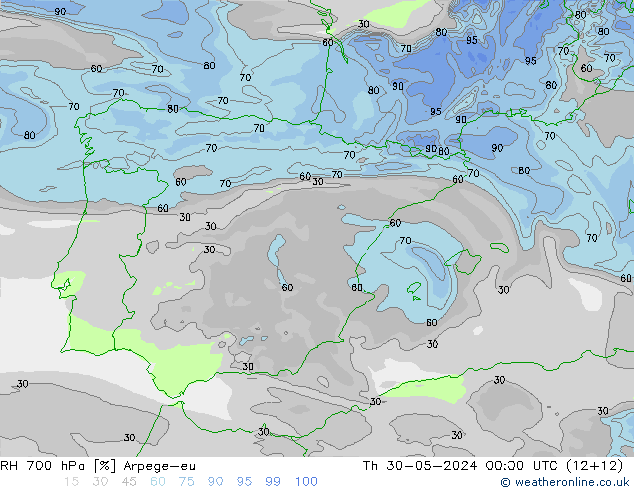 RH 700 гПа Arpege-eu чт 30.05.2024 00 UTC