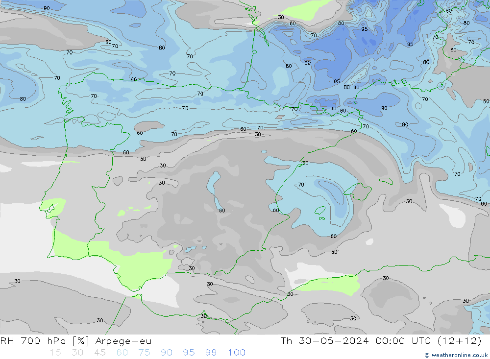 RH 700 hPa Arpege-eu  30.05.2024 00 UTC