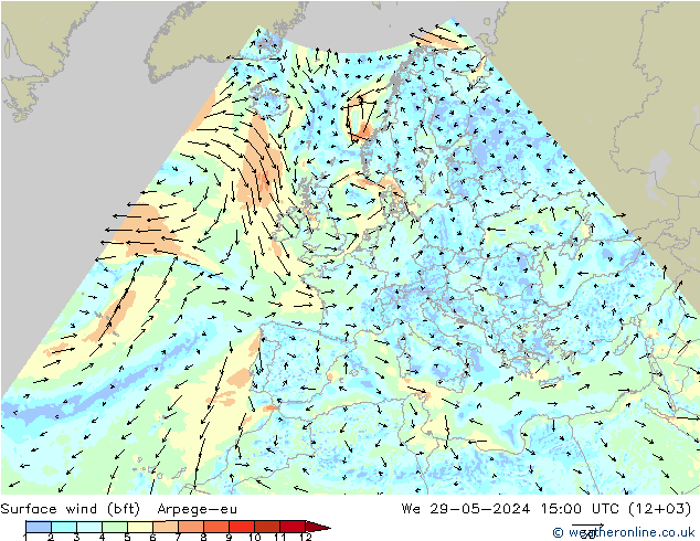 Wind 10 m (bft) Arpege-eu wo 29.05.2024 15 UTC