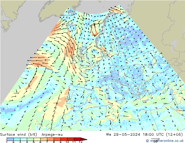 Wind 10 m (bft) Arpege-eu wo 29.05.2024 18 UTC