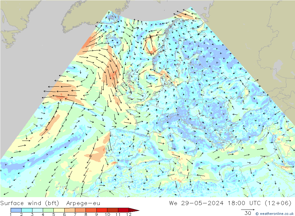 Viento 10 m (bft) Arpege-eu mié 29.05.2024 18 UTC