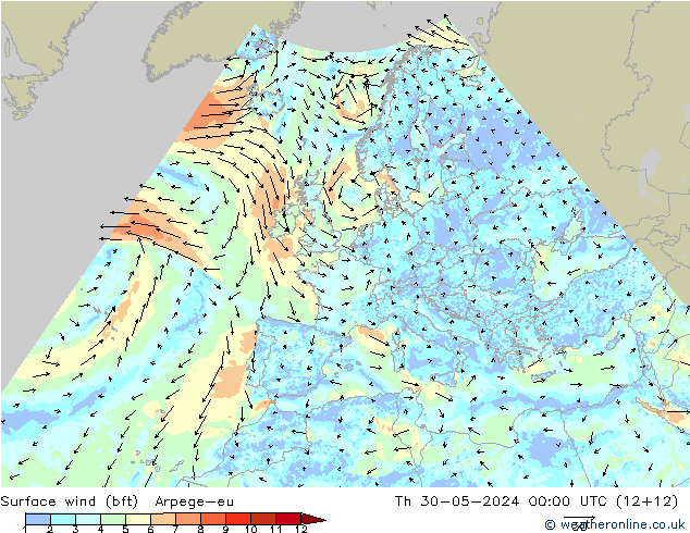 Surface wind (bft) Arpege-eu Th 30.05.2024 00 UTC