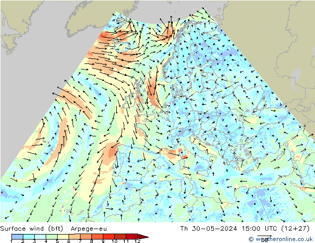 Vento 10 m (bft) Arpege-eu gio 30.05.2024 15 UTC