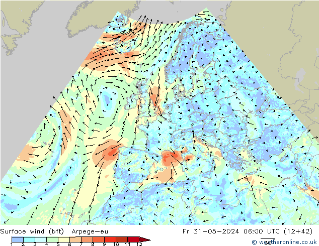Wind 10 m (bft) Arpege-eu vr 31.05.2024 06 UTC