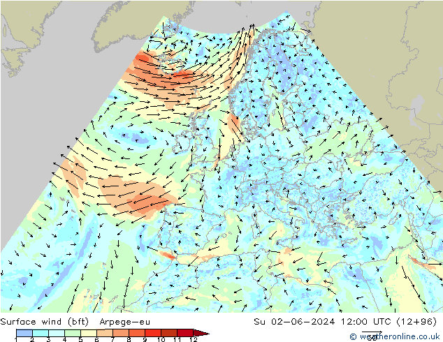 wiatr 10 m (bft) Arpege-eu nie. 02.06.2024 12 UTC
