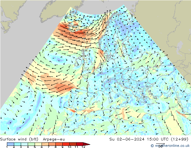 Surface wind (bft) Arpege-eu Su 02.06.2024 15 UTC