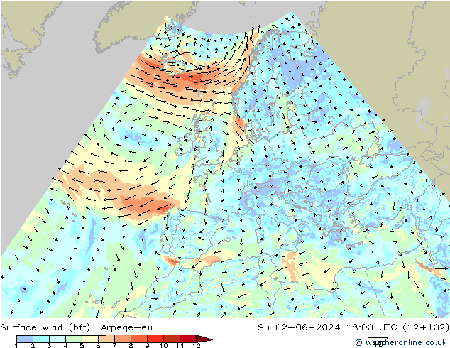  10 m (bft) Arpege-eu  02.06.2024 18 UTC