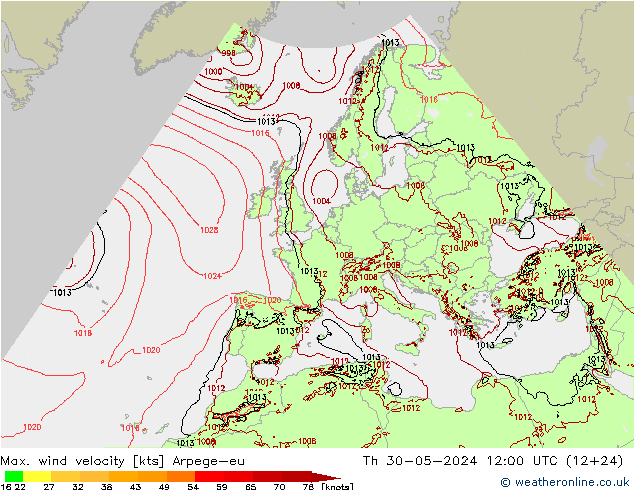 Max. wind velocity Arpege-eu Qui 30.05.2024 12 UTC