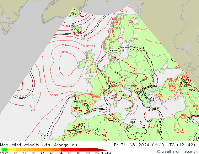 Max. wind velocity Arpege-eu пт 31.05.2024 06 UTC