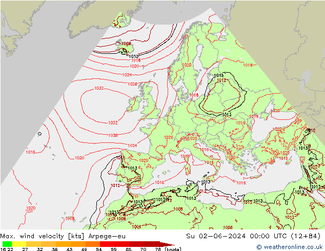 Max. wind velocity Arpege-eu Ne 02.06.2024 00 UTC