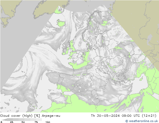 Cloud cover (high) Arpege-eu Th 30.05.2024 09 UTC