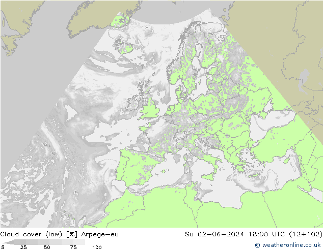 Cloud cover (low) Arpege-eu Su 02.06.2024 18 UTC