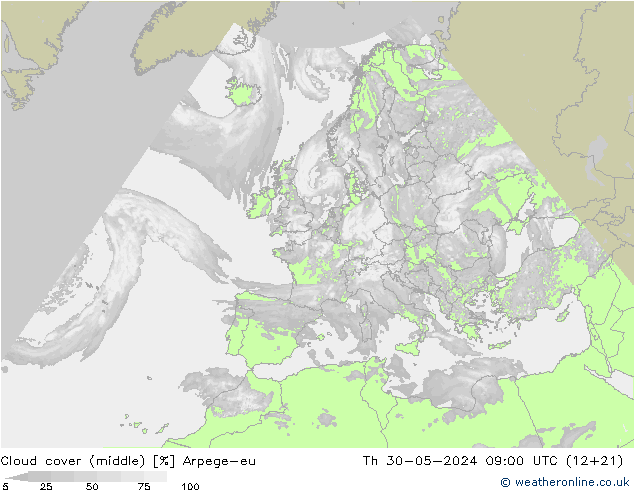 Cloud cover (middle) Arpege-eu Th 30.05.2024 09 UTC