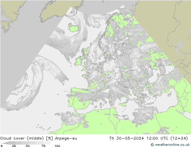 Cloud cover (middle) Arpege-eu Th 30.05.2024 12 UTC