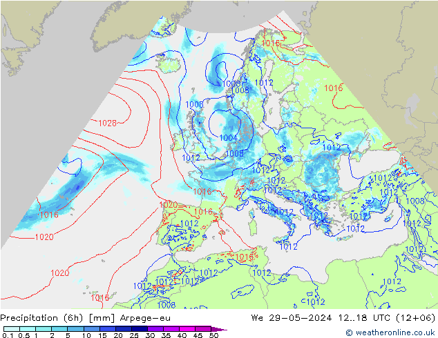 Totale neerslag (6h) Arpege-eu wo 29.05.2024 18 UTC