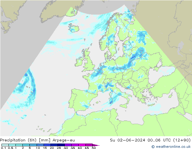 Totale neerslag (6h) Arpege-eu zo 02.06.2024 06 UTC