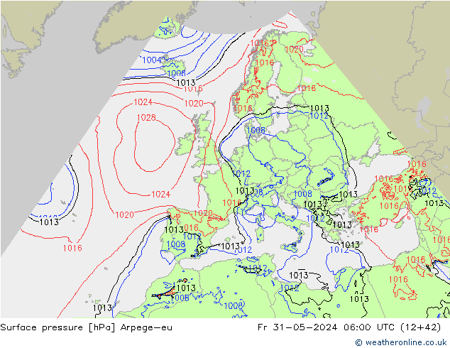 Pressione al suolo Arpege-eu ven 31.05.2024 06 UTC