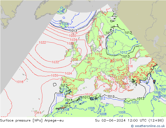 Pressione al suolo Arpege-eu dom 02.06.2024 12 UTC