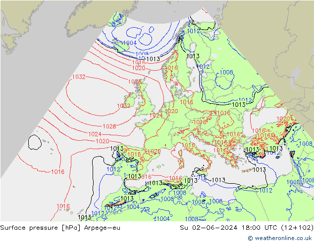 Pressione al suolo Arpege-eu dom 02.06.2024 18 UTC