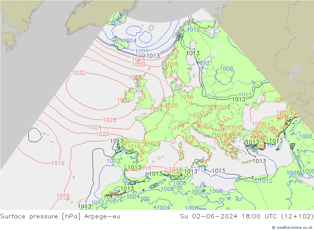 Atmosférický tlak Arpege-eu Ne 02.06.2024 18 UTC