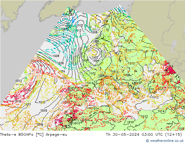 Theta-e 850hPa Arpege-eu jue 30.05.2024 03 UTC