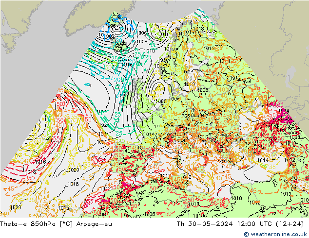 Theta-e 850hPa Arpege-eu gio 30.05.2024 12 UTC