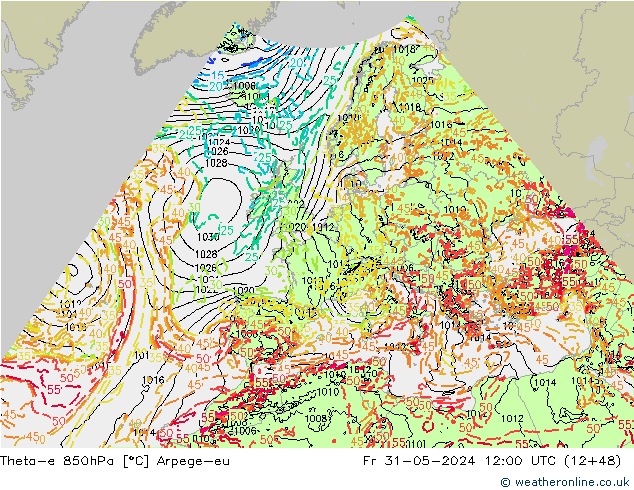 Theta-e 850hPa Arpege-eu Fr 31.05.2024 12 UTC