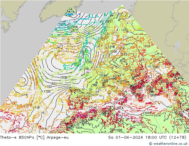 Theta-e 850hPa Arpege-eu Sa 01.06.2024 18 UTC