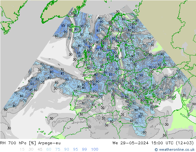 RH 700 hPa Arpege-eu śro. 29.05.2024 15 UTC