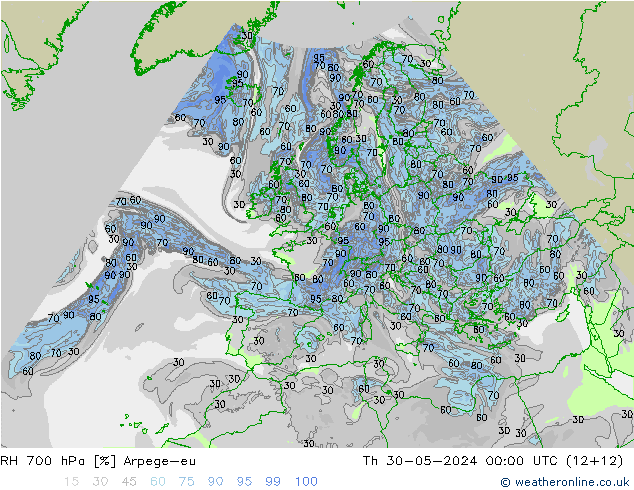 Humedad rel. 700hPa Arpege-eu jue 30.05.2024 00 UTC