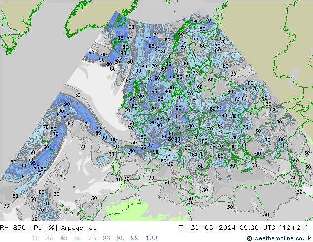 RH 850 hPa Arpege-eu czw. 30.05.2024 09 UTC