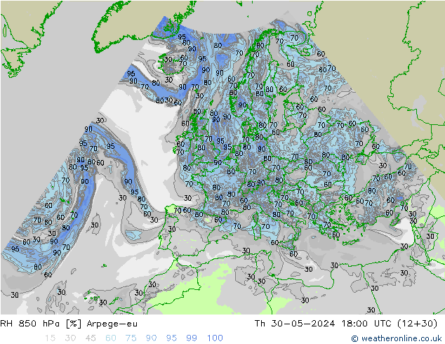 RH 850 hPa Arpege-eu Do 30.05.2024 18 UTC